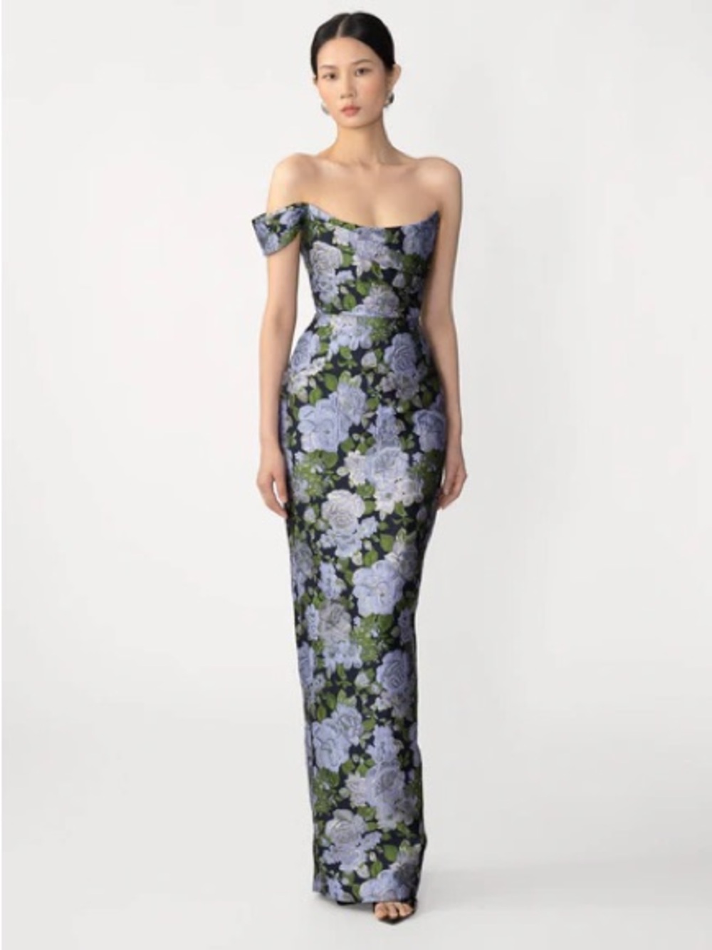 One-Shoulder Floral Column Dress in Lavender and Black